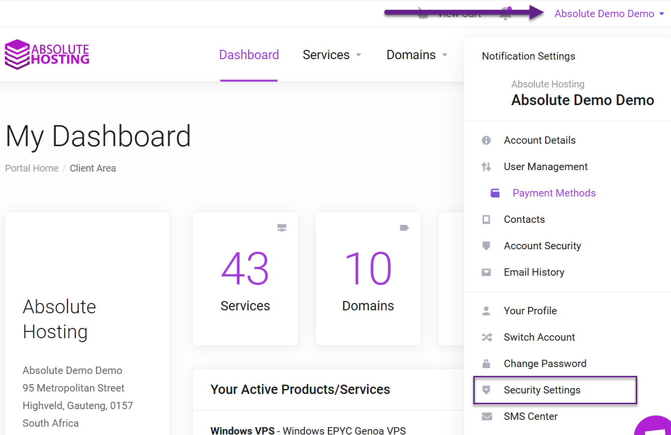 Absolute Hosting Client Settings