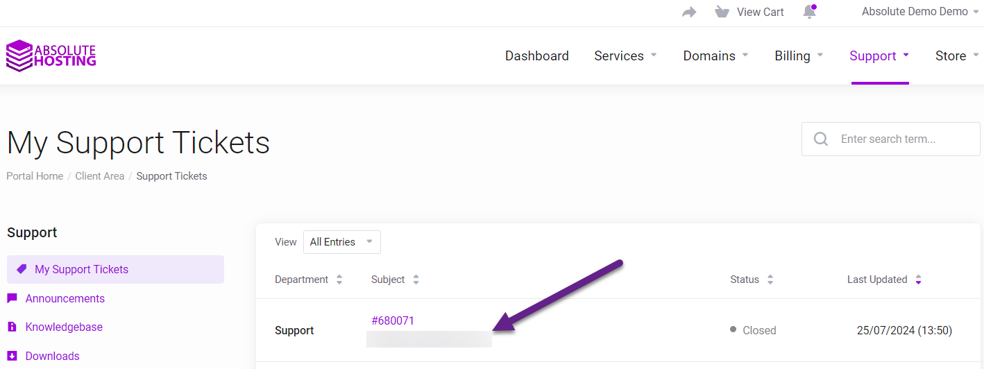 Absolute Hosting Support Ticket