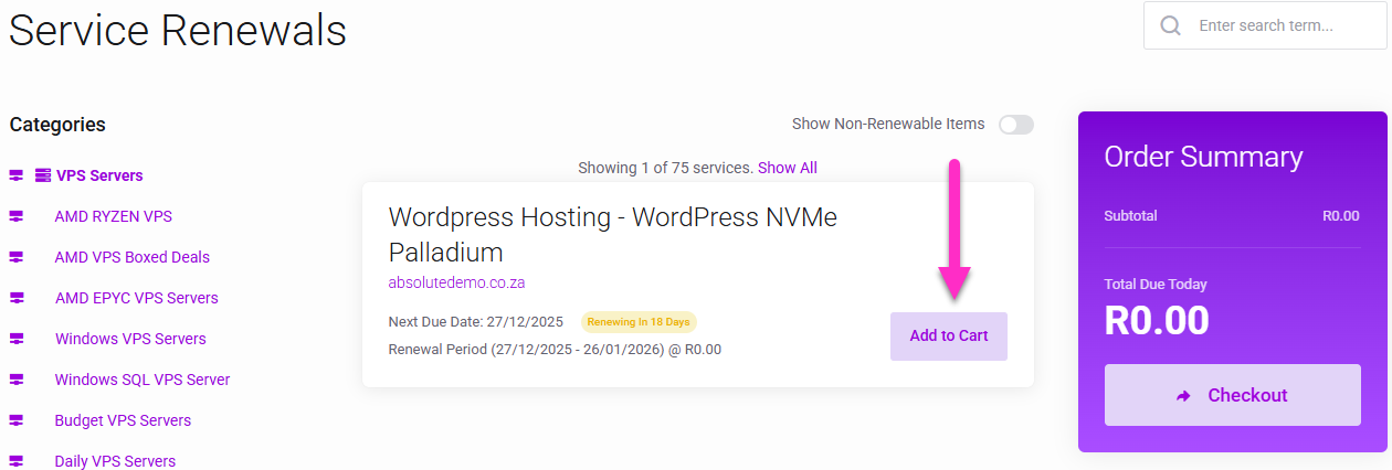 Renew Service Add to Cart