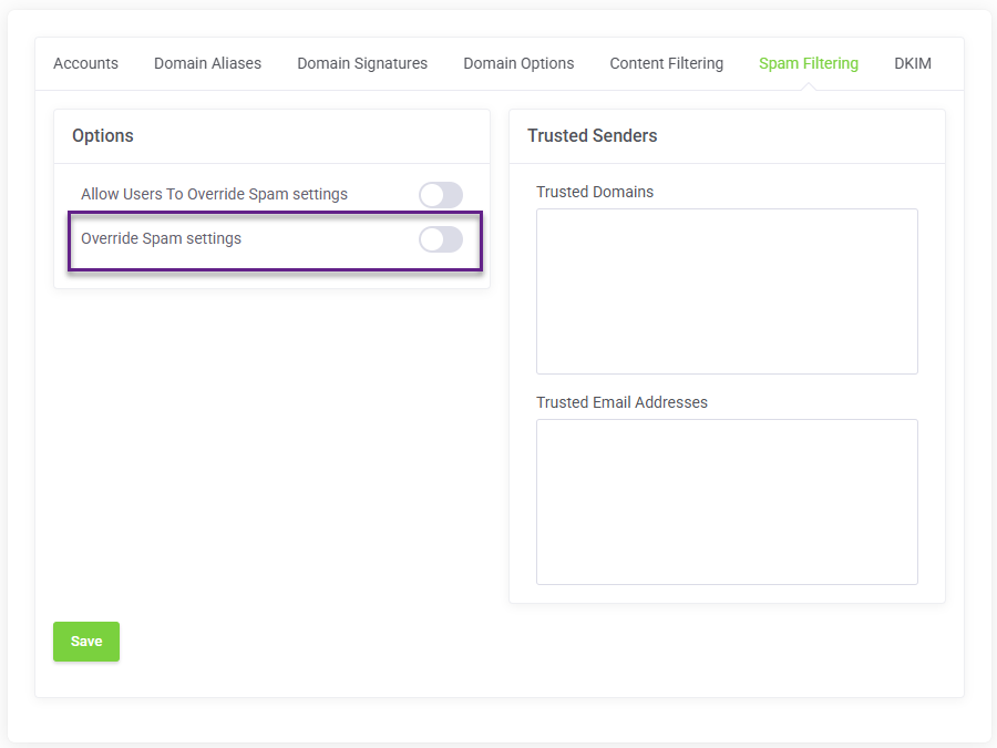 Smarter Business Email Hosting Override Spam Settings
