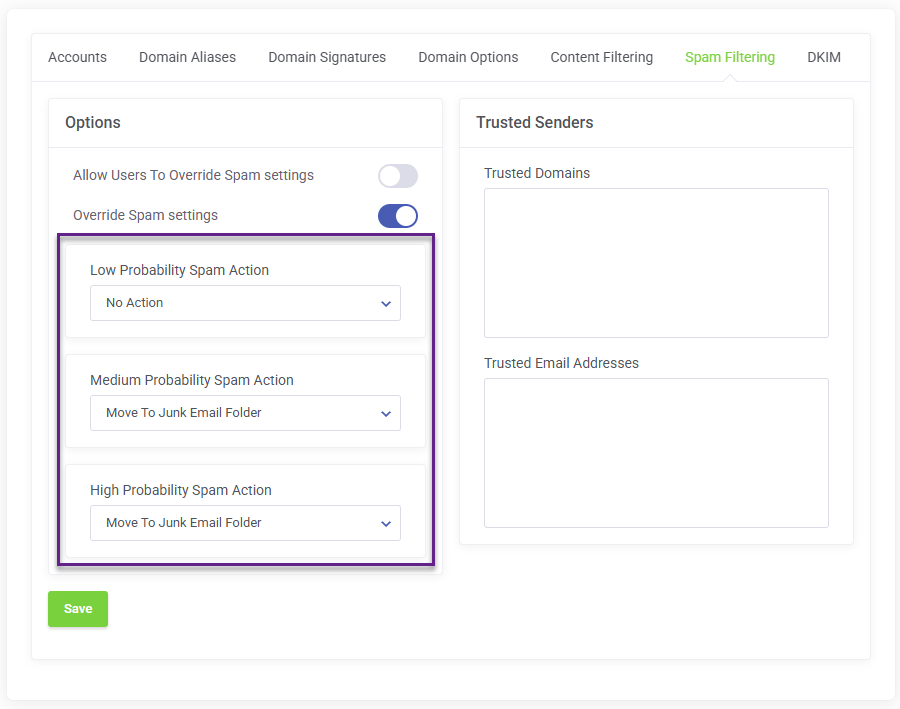 Smarter Business Email Hosting Override Spam Settings