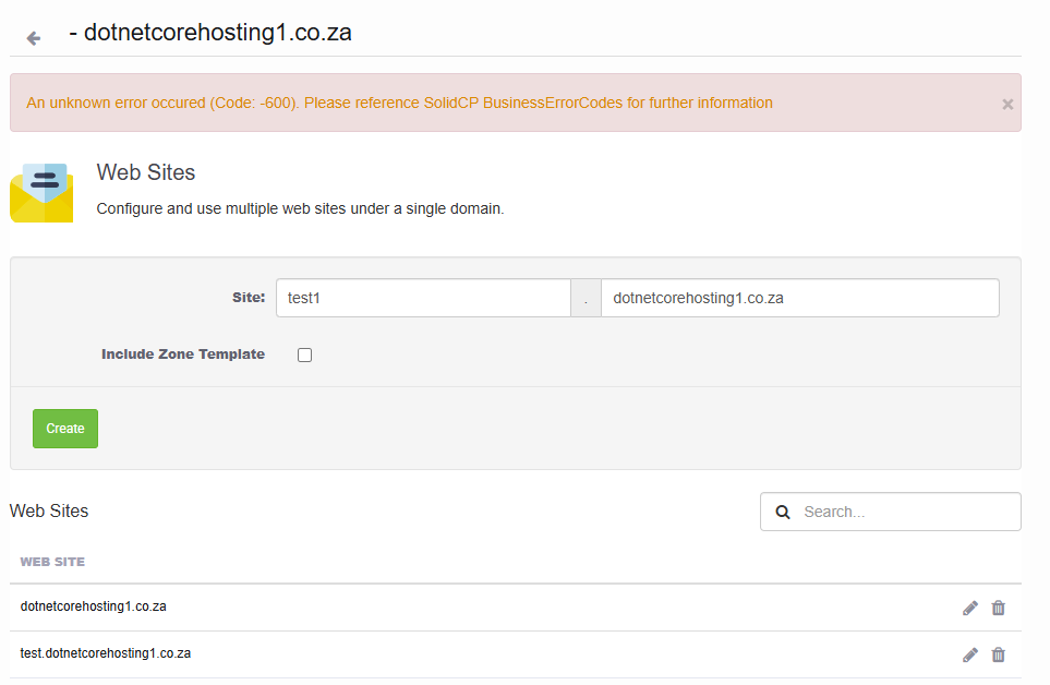 An unknown error occured (Code: -600). Please reference SolidCP BusinessErrorCodes for further information